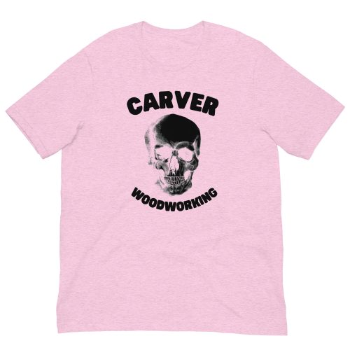 Skull Pink ZB woodworking t-shirt in heather pink with Carver skull graphic design