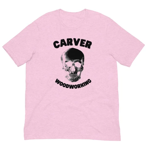 Skull Pink ZB woodworking t-shirt in heather pink with Carver skull graphic design