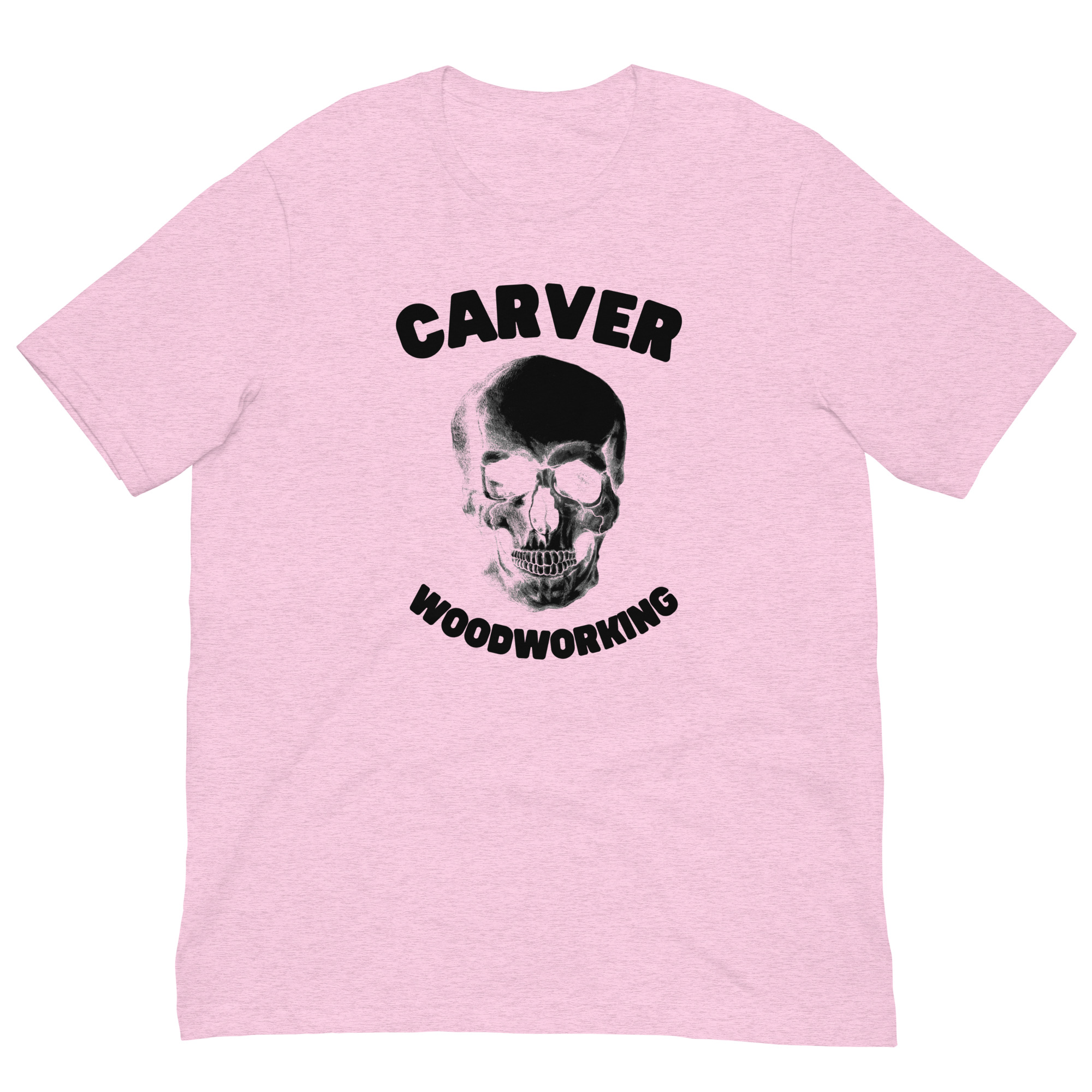 Skull Pink ZB woodworking t-shirt in heather pink with Carver skull graphic design