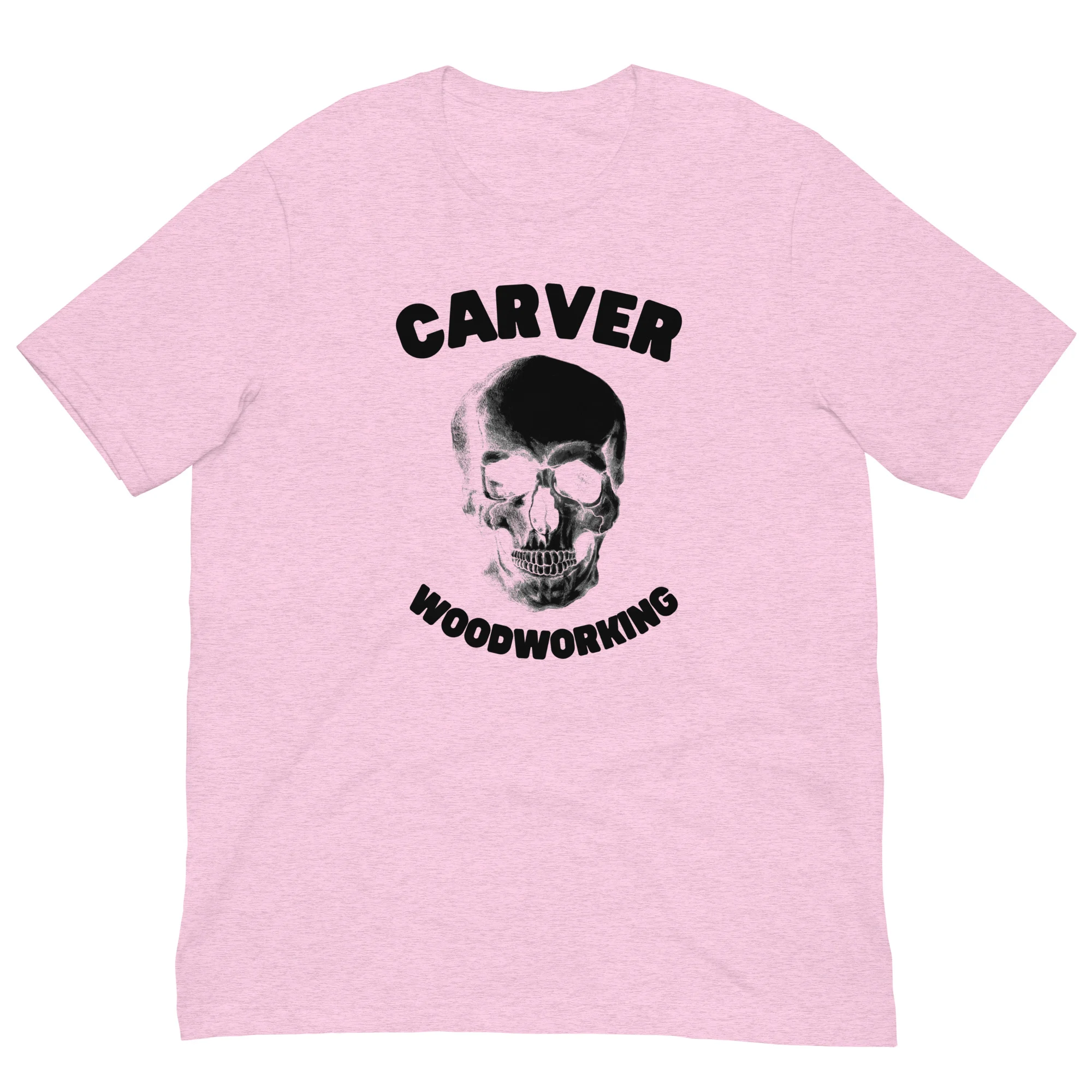 Skull Pink ZB woodworking t-shirt in heather pink with Carver skull graphic design
