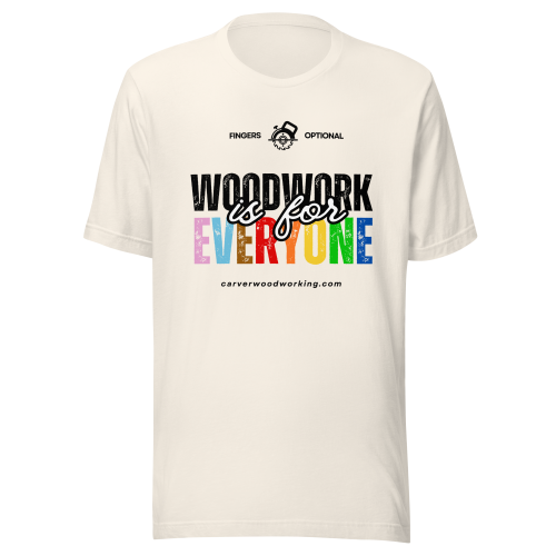 Woodworking is for Everyone unisex t-shirt in vintage white with colorful graphic design